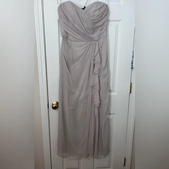 Dessy Collection Dresses | Light Grey Sweetheart Neckline Strapless Floor Length Gown with Slit | Color: Gray/Silver | Size: 14 | Avantikau's Closet